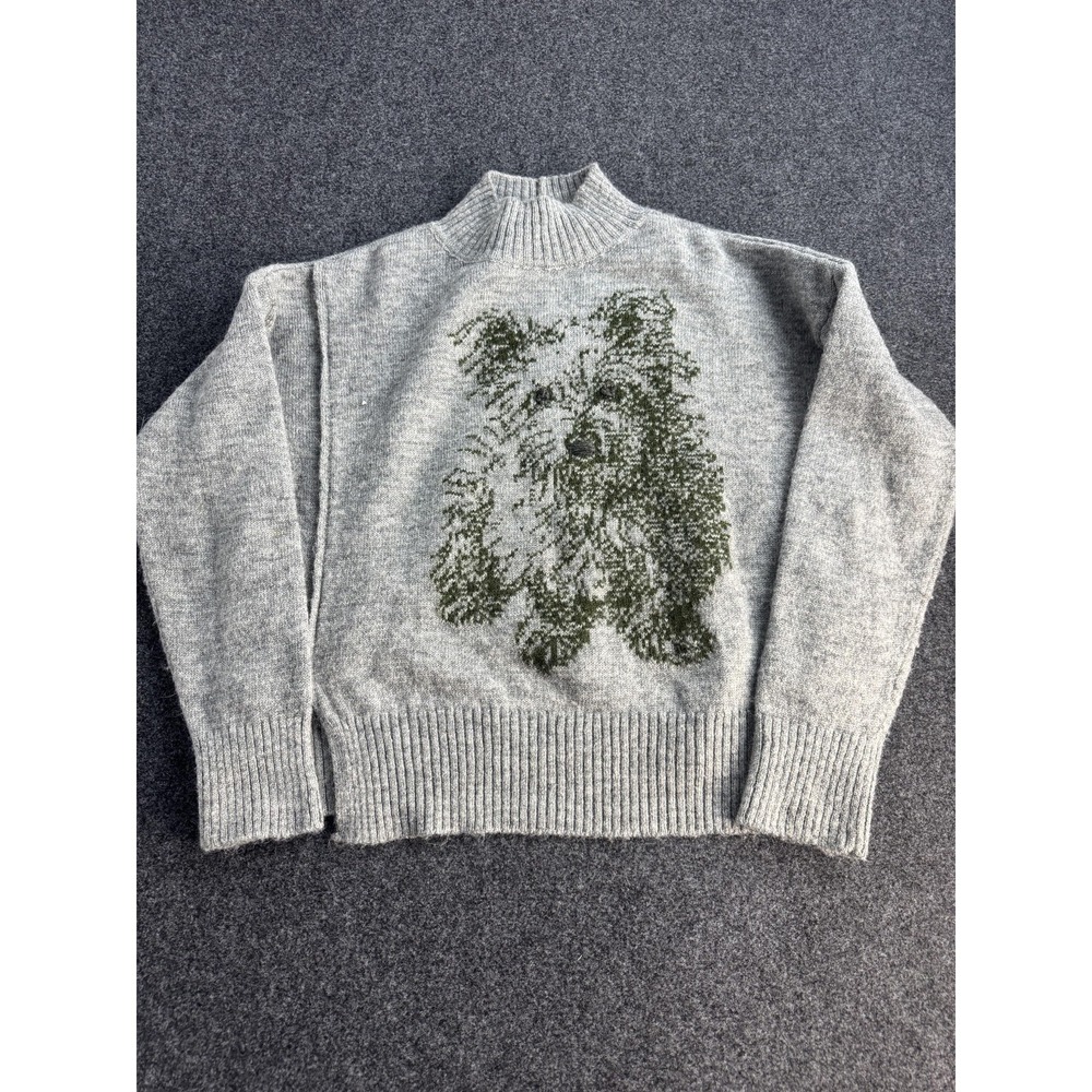 Anthropologie Moth Sweater Women's Small Gray Dog Yorkie Mock Neck Knit Wool